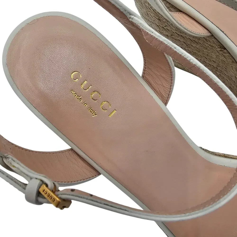Gucci GG Marmont Aitana Platform Wedge Sandal White Leather Gold Size 41 US 11